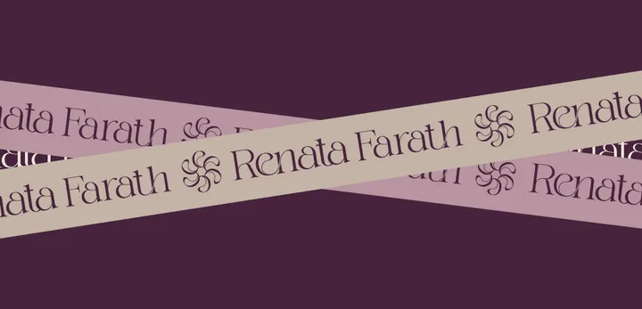 Faixa com o nome Renata Farath sobre fundo roxo, arte publicada na ficha da loja